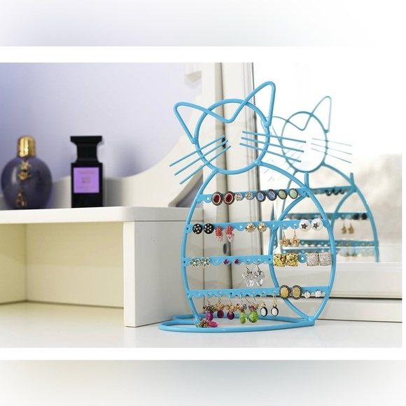 Blue Cat-Shaped Earring Holder Jewelry Rack Display Organizer for Piercings - Picture 3 of 5